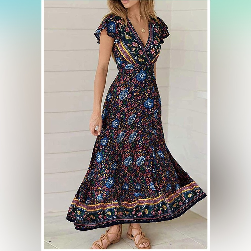 ZESICA Women's Bohemian Floral Printed Wrap V Neck Maxi Dress